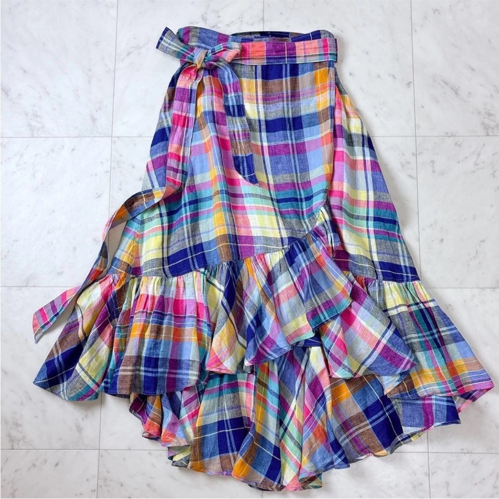 Ralph Lauren Madras Linen Ruffle Wrap Skirt In Blue/ Yellow 12